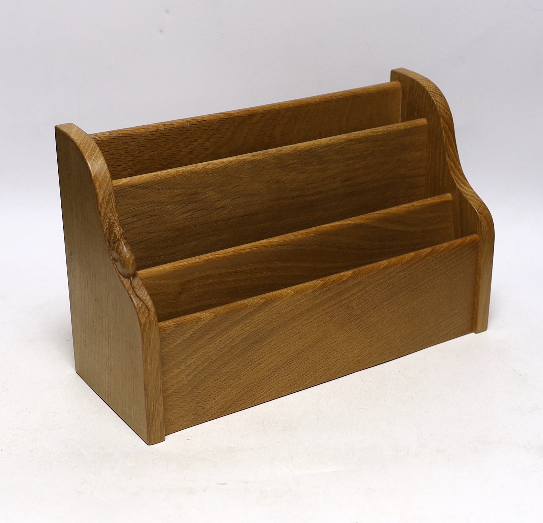 A Mouseman stationery rack, 33cm wide